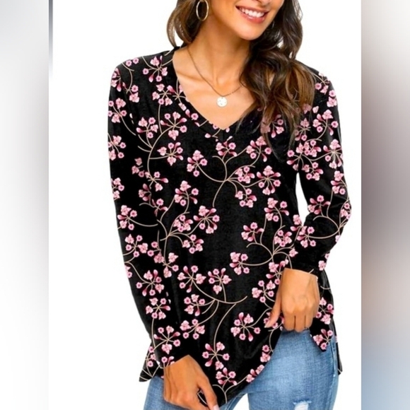 Black Pink Floral V-Neck Long Sleeve Top Medium Soft Stretch Everyday Casual - Picture 11 of 12